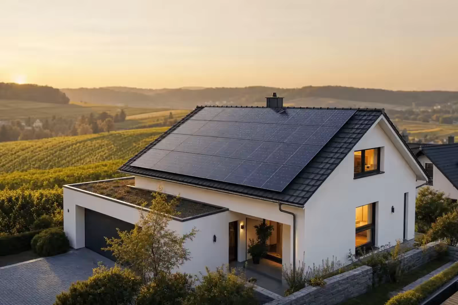 Einfamilienhaus im Remstal mit Photovoltaik-Dach in der Abendsonne