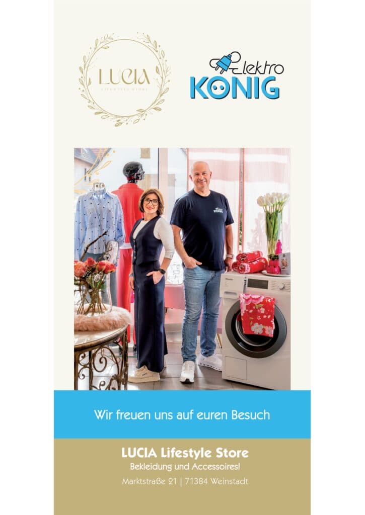 Kooperations-Werbebanner: Lucia Lifestyle Store (Marktstraße 21, Beutelsbach) × Elektro König — Georg Kotsoglou mit der Store-Inhaberin im Laden